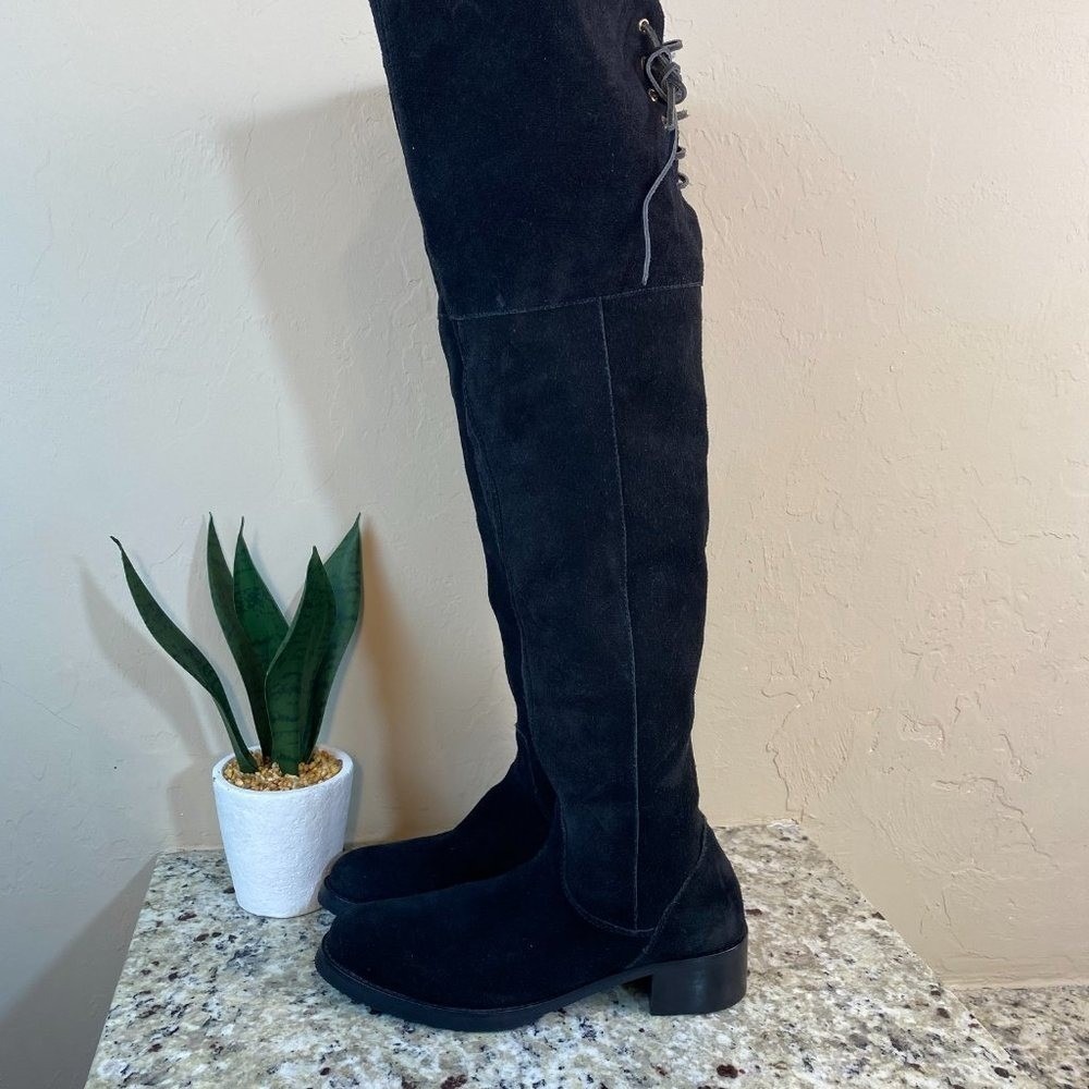Womens Black Suede Over The Knee‎ Boots Lace Up Back Block Heel Size 8 - Picture 3 of 6